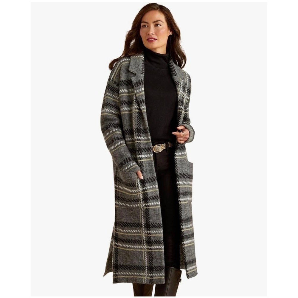 Ariat Plaid Duster Cardigan Coat Women XS Grey Longline Western Knit Pockets